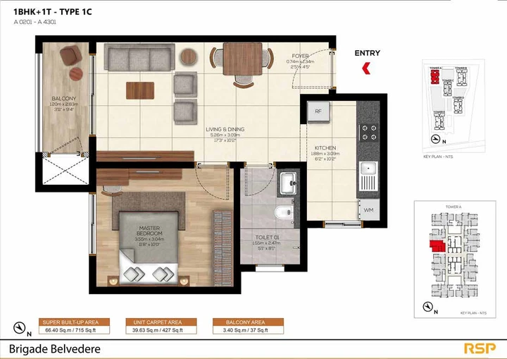 Brigade Belvedere 1 BHK floor plan - 715 sq. ft.