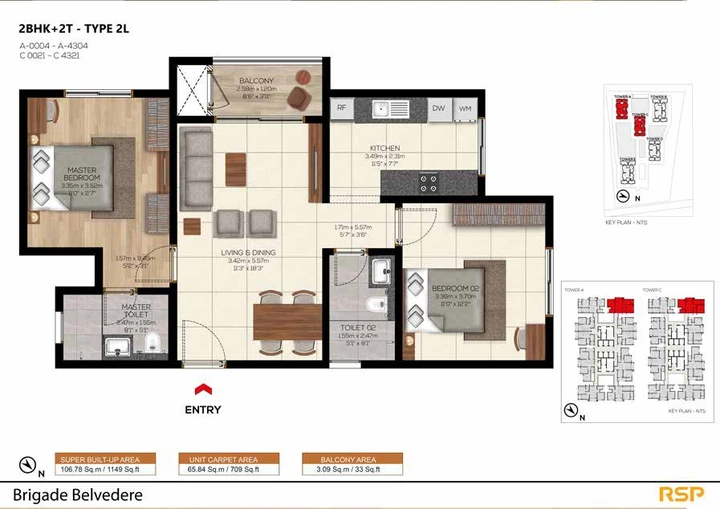 Brigade Belvedere 2 BHK floor plan - 1,149 sq. ft.